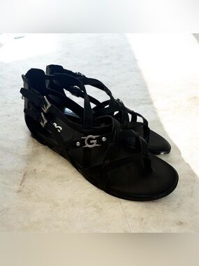 GBG Los Angeles Black Strappy Sandals with Silver G Accent